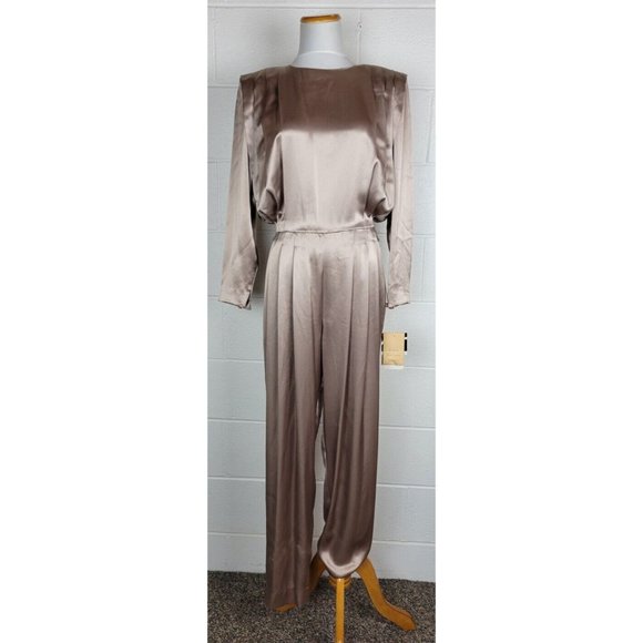 Vintage NWT Morgan Taylor Satin Champagne Taupe Open Back Jumpsuit Sz 8 - Picture 1 of 15